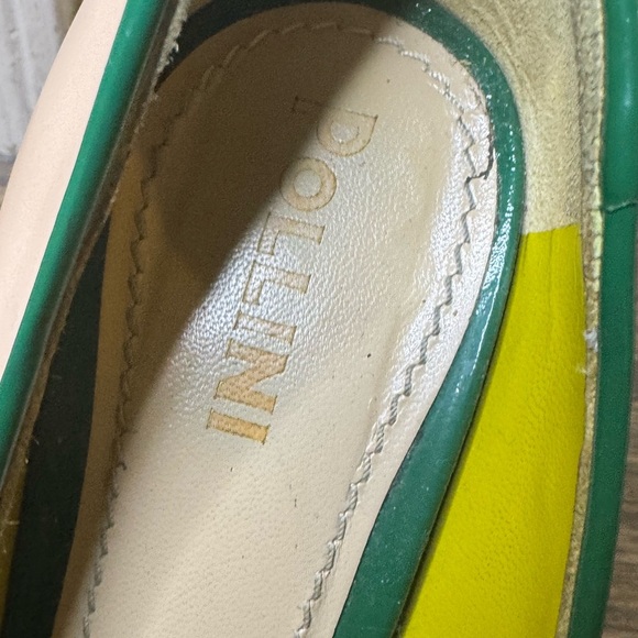 3/$30 Pollini Women's Green and Tan Peep Toe Heels - Picture 3 of 13